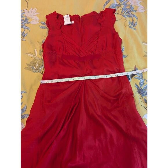 Celine France Size 42 US 10 Red 100% Silk Midi Open Neck Dress Gown Back Zipper - Picture 5 of 7
